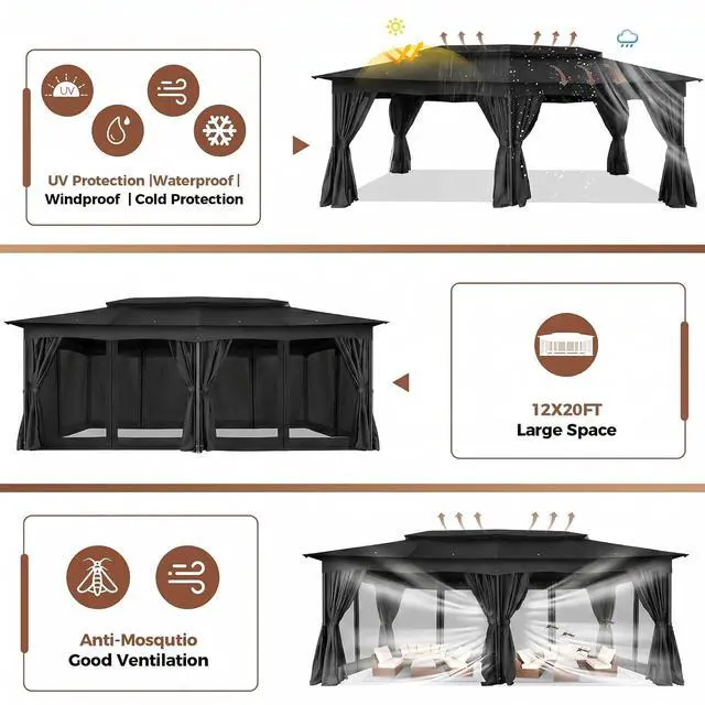 Alt view image 5 of 7 - 12x20 Gazebo Heavy Duty Gazebos with Curtains Outdoor Gazebo Canopy Double Roof with Metal Steel Frame for Patio, Deck, BackyardBlack