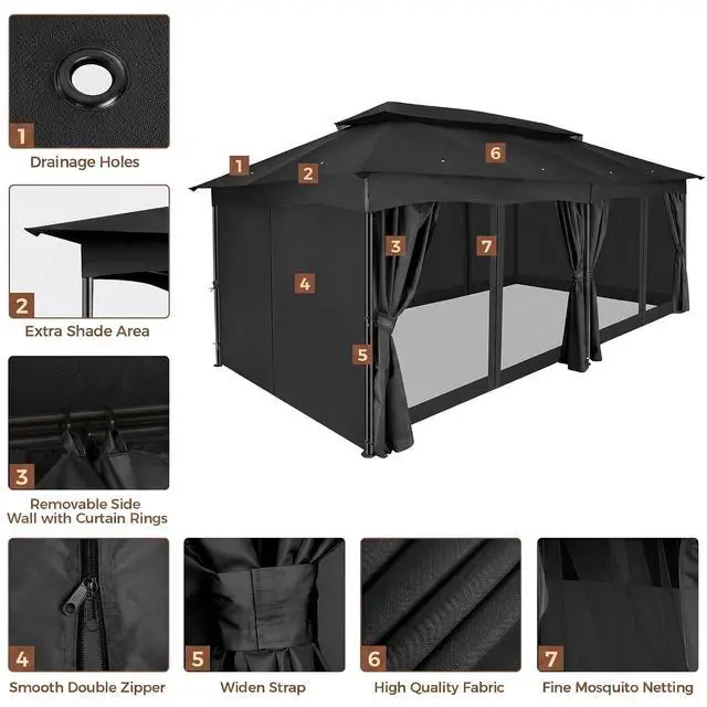 Alt view image 4 of 7 - 12x20 Gazebo Heavy Duty Gazebos with Curtains Outdoor Gazebo Canopy Double Roof with Metal Steel Frame for Patio, Deck, BackyardBlack