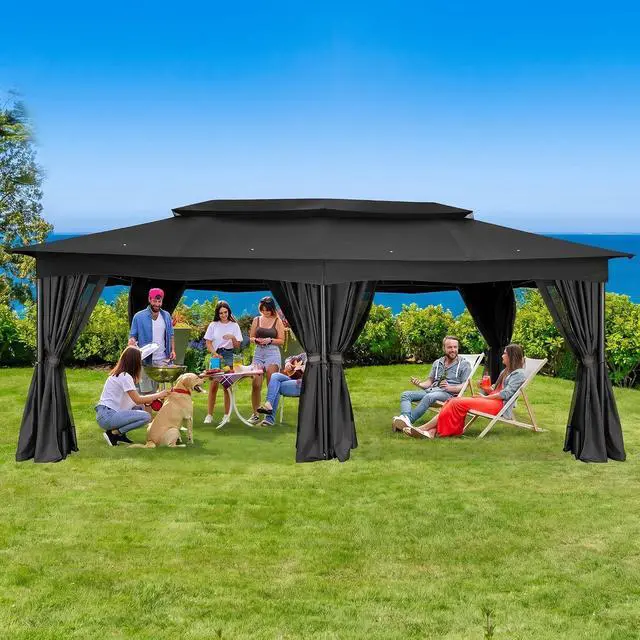 Alt view image 3 of 7 - 12x20 Gazebo Heavy Duty Gazebos with Curtains Outdoor Gazebo Canopy Double Roof with Metal Steel Frame for Patio, Deck, BackyardBlack