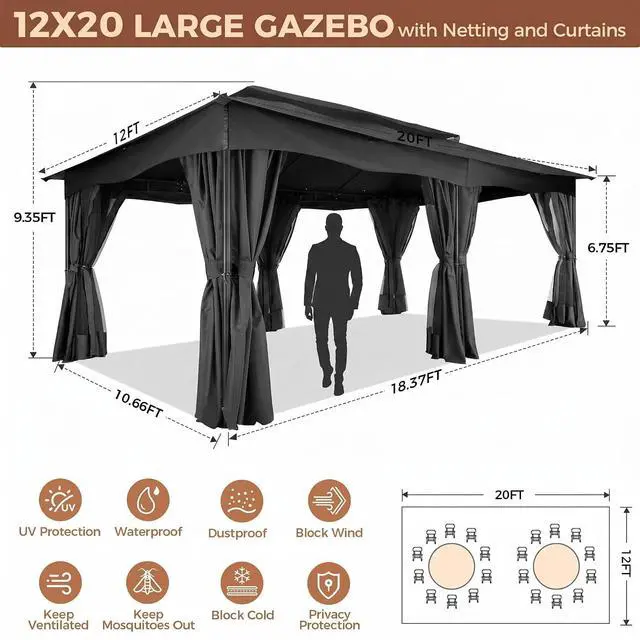 Alt view image 6 of 7 - 12x20 Gazebo Heavy Duty Gazebos with Curtains Outdoor Gazebo Canopy Double Roof with Metal Steel Frame for Patio, Deck, BackyardBlack