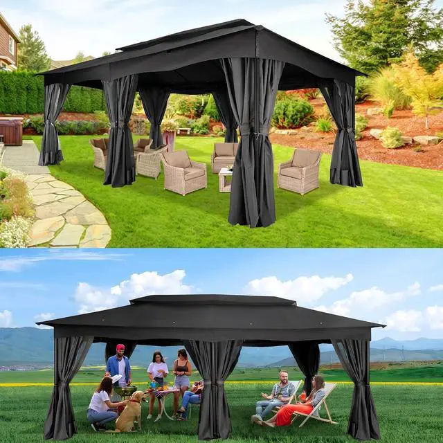 Alt view image 7 of 7 - 12x20 Gazebo Heavy Duty Gazebos with Curtains Outdoor Gazebo Canopy Double Roof with Metal Steel Frame for Patio, Deck, BackyardBlack