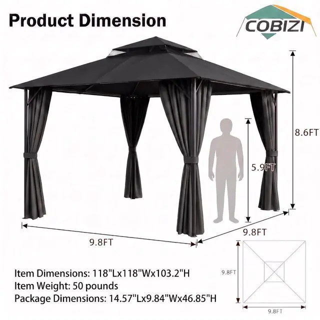 Alt view image 2 of 7 - Gazebo 10x10 Heavy Duty Gazebos with Improved Curtains Outdoor Double Roof Patio with Metal Steel Frame Outdoor Canopy for Patio, Deck, Backyard (Black)