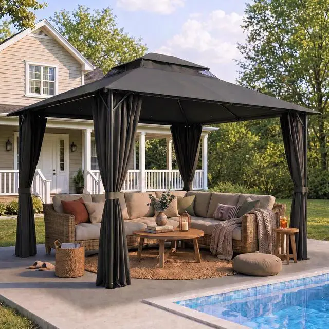 Main image of Gazebo 10x10 Heavy Duty Gazebos with Improved Curtains Outdoor Double Roof Patio with Metal Steel Frame Outdoor Canopy for Patio, Deck, Backyard (Black)