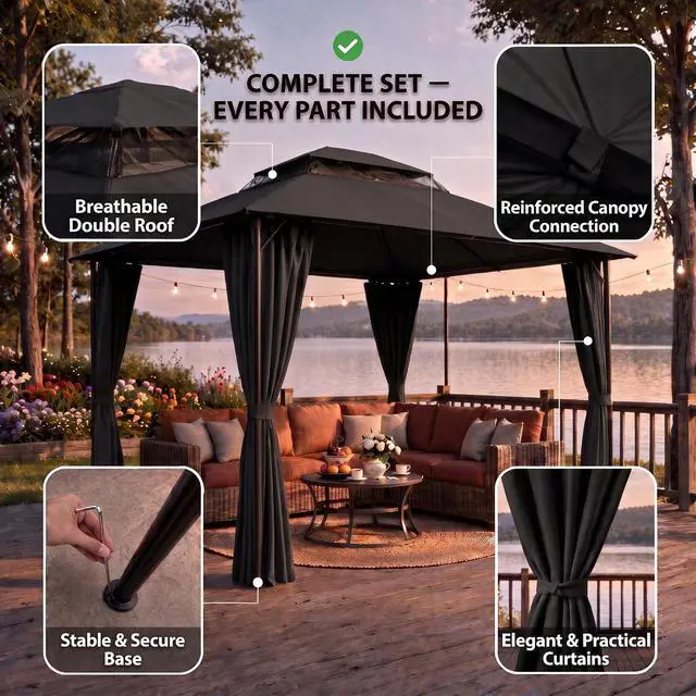 Alt view image 7 of 7 - Gazebo 10x10 Heavy Duty Gazebos with Improved Curtains Outdoor Double Roof Patio with Metal Steel Frame Outdoor Canopy for Patio, Deck, Backyard (Black)