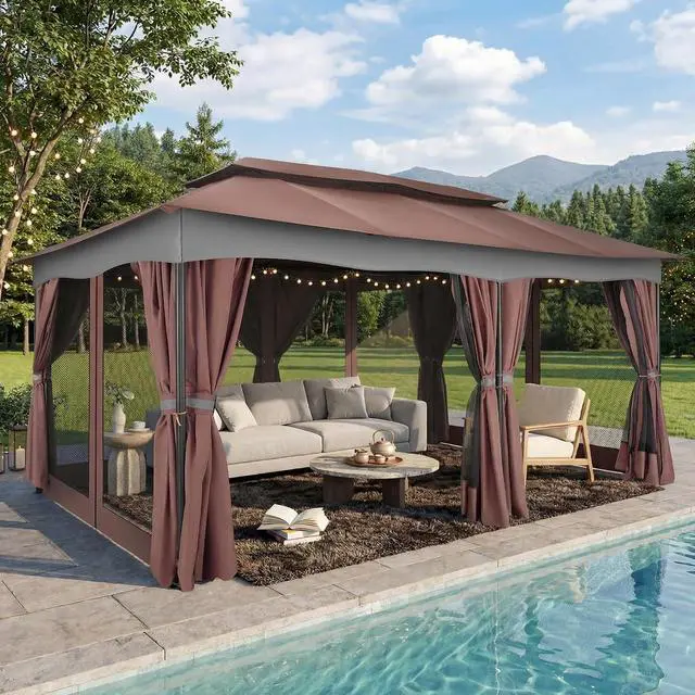 Main image of 12x20 Outdoor Patio Gazebo, Double Roof Soft Top Canopy with Privacy Curtains and Mosquito Netting, Heavy Duty Steel Frame Shade Shelter for Backyard, Garden, Deck, Poolside - Brown