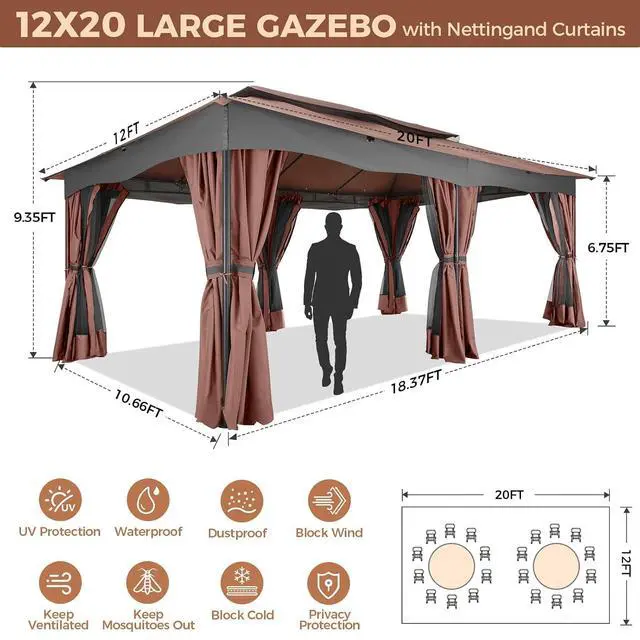 Alt view image 3 of 7 - 12x20 Outdoor Patio Gazebo, Double Roof Soft Top Canopy with Privacy Curtains and Mosquito Netting, Heavy Duty Steel Frame Shade Shelter for Backyard, Garden, Deck, Poolside - Brown
