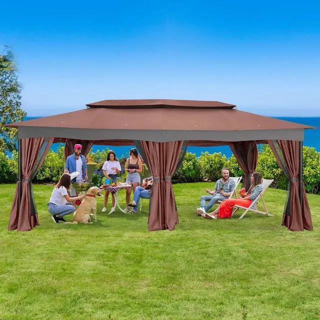 Alt view image 2 of 7 - 12x20 Outdoor Patio Gazebo, Double Roof Soft Top Canopy with Privacy Curtains and Mosquito Netting, Heavy Duty Steel Frame Shade Shelter for Backyard, Garden, Deck, Poolside - Brown