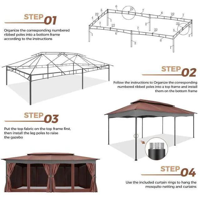 Alt view image 4 of 7 - 12x20 Outdoor Patio Gazebo, Double Roof Soft Top Canopy with Privacy Curtains and Mosquito Netting, Heavy Duty Steel Frame Shade Shelter for Backyard, Garden, Deck, Poolside - Brown