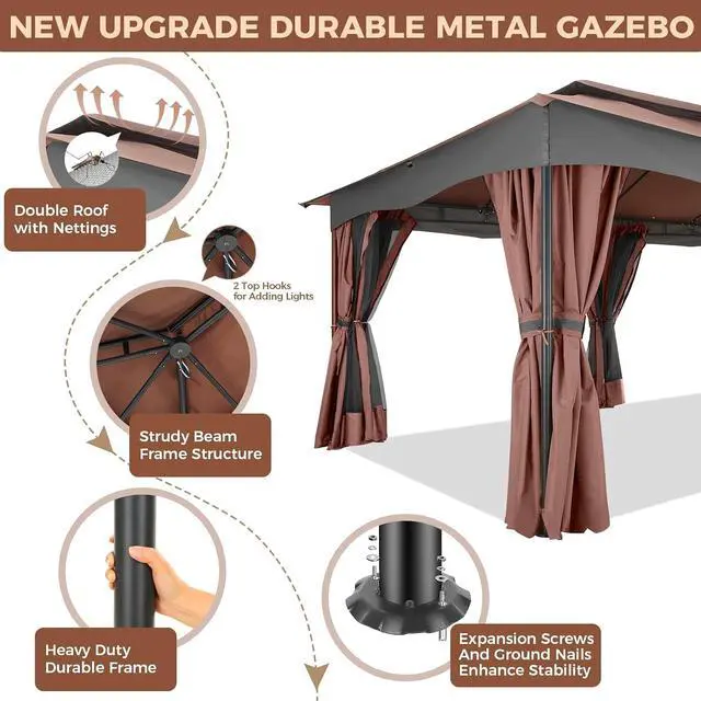 Alt view image 5 of 7 - 12x20 Outdoor Patio Gazebo, Double Roof Soft Top Canopy with Privacy Curtains and Mosquito Netting, Heavy Duty Steel Frame Shade Shelter for Backyard, Garden, Deck, Poolside - Brown