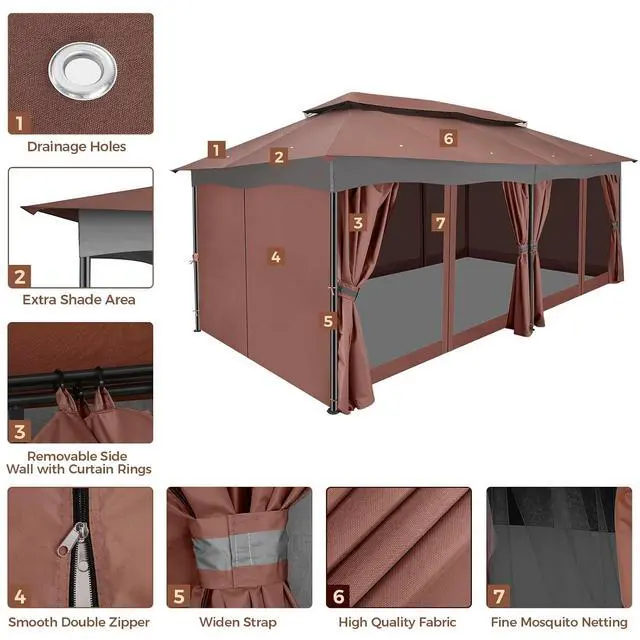 Alt view image 6 of 7 - 12x20 Outdoor Patio Gazebo, Double Roof Soft Top Canopy with Privacy Curtains and Mosquito Netting, Heavy Duty Steel Frame Shade Shelter for Backyard, Garden, Deck, Poolside - Brown