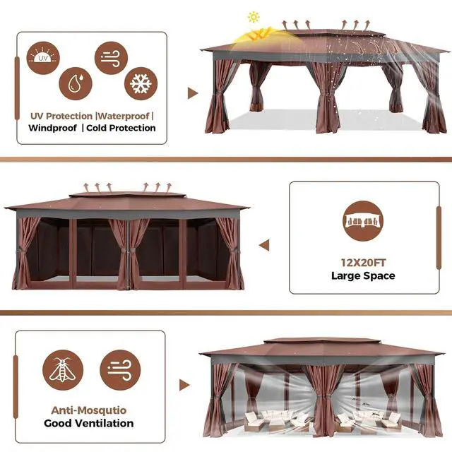 Alt view image 7 of 7 - 12x20 Outdoor Patio Gazebo, Double Roof Soft Top Canopy with Privacy Curtains and Mosquito Netting, Heavy Duty Steel Frame Shade Shelter for Backyard, Garden, Deck, Poolside - Brown