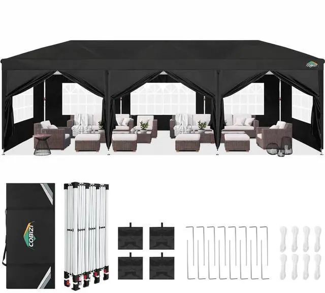 Main image of Canopy 10x30 Pop Up Canopy Tent with 8 Sidewalls Party Tents for Parties Wedding Backyard Waterproof Outdoor Commercial Event Tent with Stakes, Ropes, Sandbags (Black)