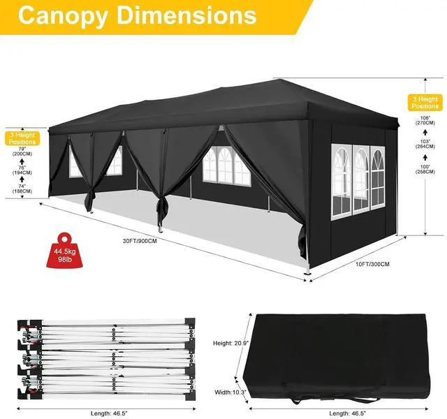 Alt view image 2 of 7 - Canopy 10x30 Pop Up Canopy Tent with 8 Sidewalls Party Tents for Parties Wedding Backyard Waterproof Outdoor Commercial Event Tent with Stakes, Ropes, Sandbags (Black)
