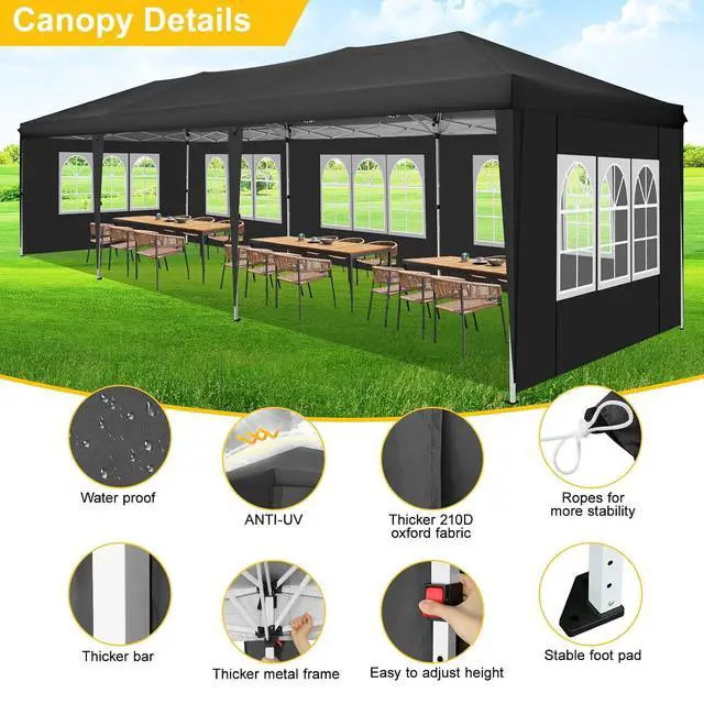 Alt view image 3 of 7 - Canopy 10x30 Pop Up Canopy Tent with 8 Sidewalls Party Tents for Parties Wedding Backyard Waterproof Outdoor Commercial Event Tent with Stakes, Ropes, Sandbags (Black)