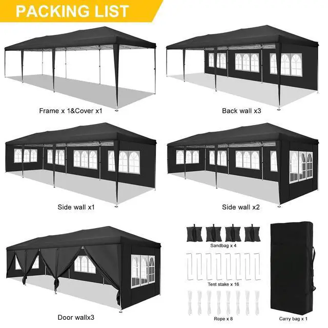 Alt view image 7 of 7 - Canopy 10x30 Pop Up Canopy Tent with 8 Sidewalls Party Tents for Parties Wedding Backyard Waterproof Outdoor Commercial Event Tent with Stakes, Ropes, Sandbags (Black)