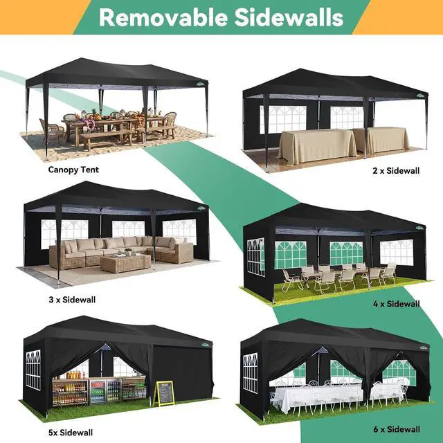 Alt view image 7 of 7 - 10x20 Canopy Tents for Parties 10x20ft Easy Setup Pop up Tents with Sidewalls & One Push Lock Waterproof Outdoor Large Shelter Party Tent for Wedding Car Port Events Patio Gazebo, Black