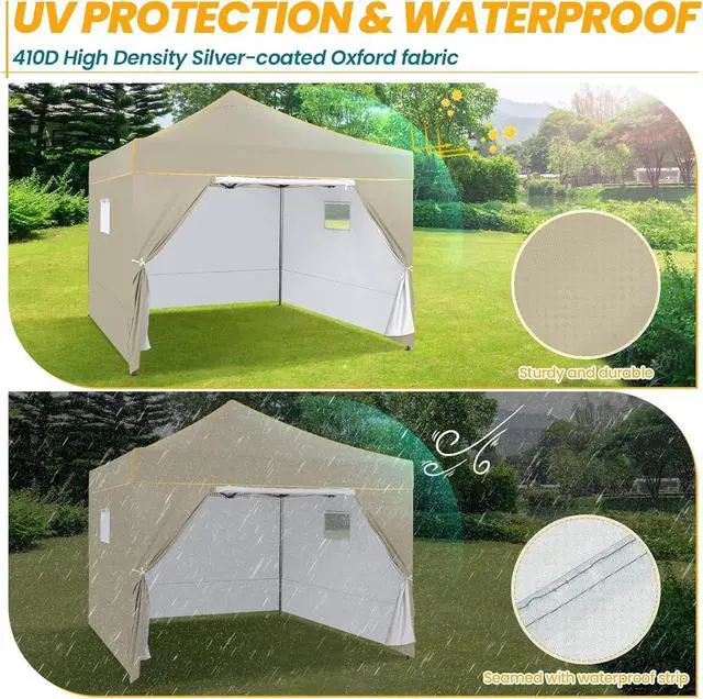 Alt view image 3 of 7 - 10x10 Pop Up Canopy Tent Commercial Heavy Duty Instant Canopy with 4 Sidewalls, UV 50+ Silver Coated Waterproof Vendor, Portable Shelter with Carry Bag, Event Tent for Parties, Khaki
