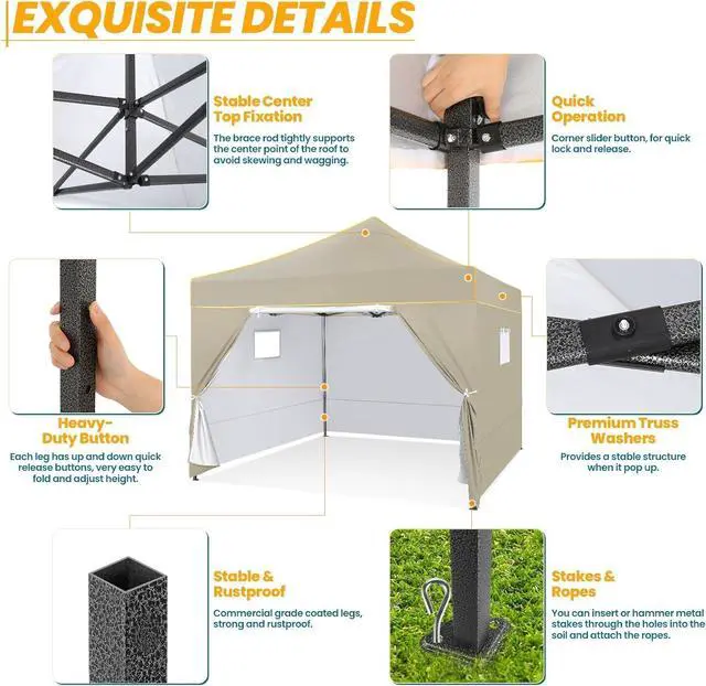 Alt view image 4 of 7 - 10x10 Pop Up Canopy Tent Commercial Heavy Duty Instant Canopy with 4 Sidewalls, UV 50+ Silver Coated Waterproof Vendor, Portable Shelter with Carry Bag, Event Tent for Parties, Khaki