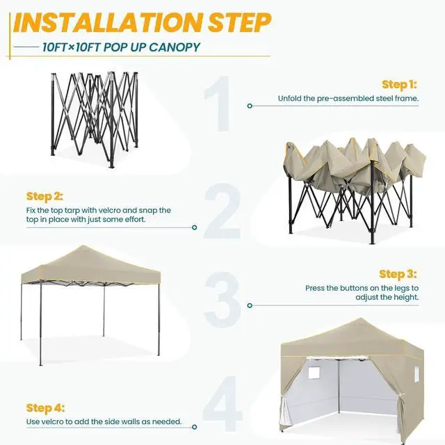 Alt view image 6 of 7 - 10x10 Pop Up Canopy Tent Commercial Heavy Duty Instant Canopy with 4 Sidewalls, UV 50+ Silver Coated Waterproof Vendor, Portable Shelter with Carry Bag, Event Tent for Parties, Khaki