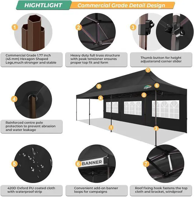 Alt view image 3 of 7 - 10x30 Heavy Duty pop up Canopy, Commercial10x30 Party Tent for Parties Waterproof Gazebos with 8 Sidewalls, All Season Wind & Waterproof UPF50+,Stable Thickened Frame, Black