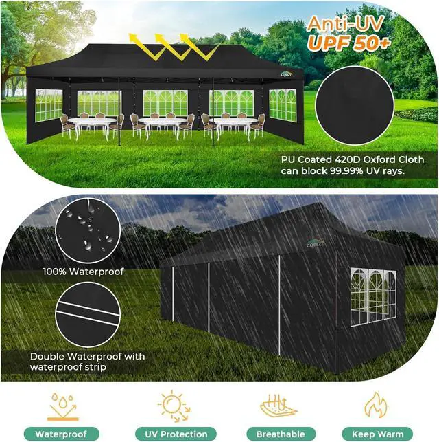 Alt view image 4 of 7 - 10x30 Heavy Duty pop up Canopy, Commercial10x30 Party Tent for Parties Waterproof Gazebos with 8 Sidewalls, All Season Wind & Waterproof UPF50+,Stable Thickened Frame, Black