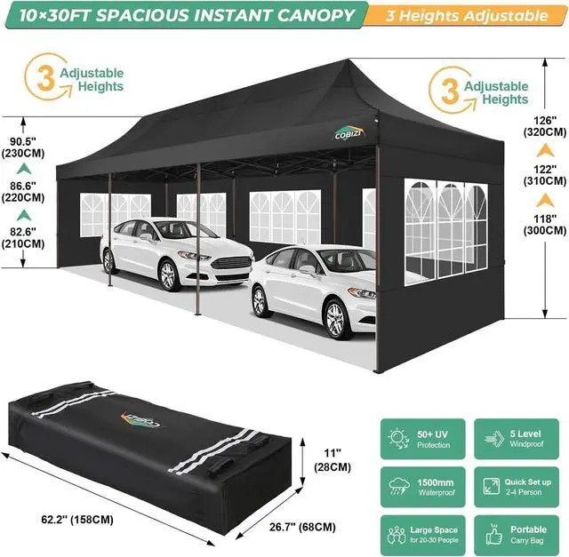 Alt view image 6 of 7 - 10x30 Heavy Duty pop up Canopy, Commercial10x30 Party Tent for Parties Waterproof Gazebos with 8 Sidewalls, All Season Wind & Waterproof UPF50+,Stable Thickened Frame, Black