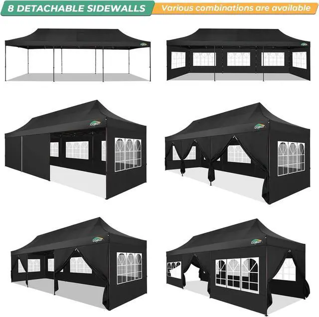 Alt view image 7 of 7 - 10x30 Heavy Duty pop up Canopy, Commercial10x30 Party Tent for Parties Waterproof Gazebos with 8 Sidewalls, All Season Wind & Waterproof UPF50+,Stable Thickened Frame, Black
