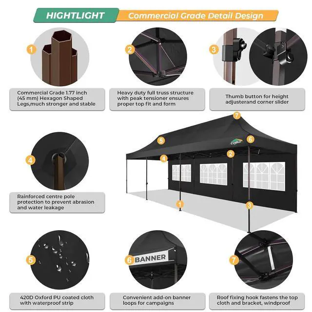 Alt view image 3 of 7 - Heavy Duty 10x30 pop up Canopy, Commercial10x30 Party Tent for Parties Waterproof Gazebos with 8 Sidewalls, All Season Wind & Waterproof UPF50+,Stable Thickened Frame, Black