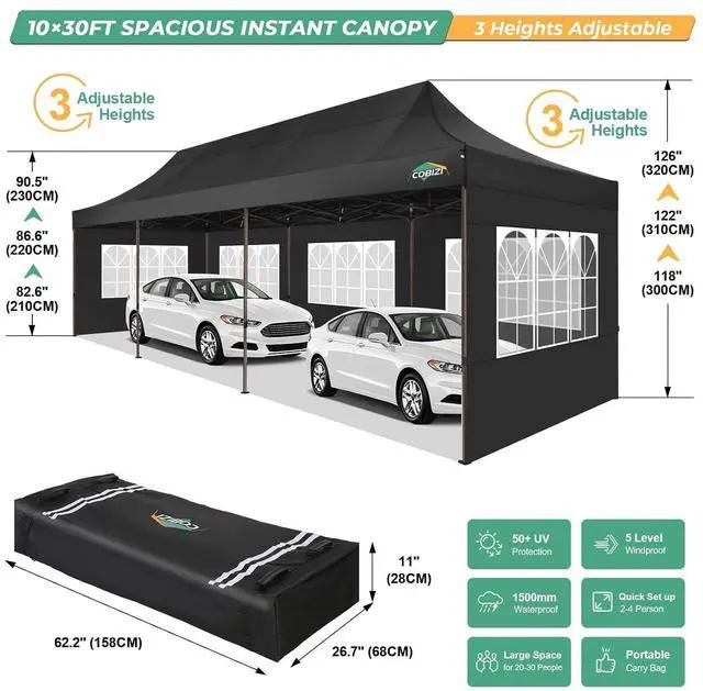 Alt view image 6 of 7 - Heavy Duty 10x30 pop up Canopy, Commercial10x30 Party Tent for Parties Waterproof Gazebos with 8 Sidewalls, All Season Wind & Waterproof UPF50+,Stable Thickened Frame, Black