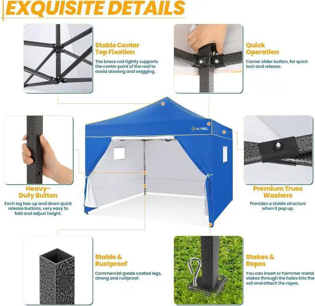 Alt view image 3 of 7 - 10x10 Heavy Duty Pop Up Canopy Tent for Event Commercial Instant Canopy with 4 Sidewalls, Outdoor Canopy UV 50+&Waterproof Portable Tent for Parties, Backyard, Blue