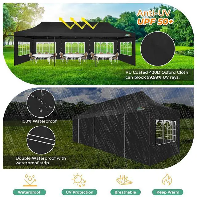 Alt view image 4 of 7 - Heavy Duty 10x30 pop up Canopy, Commercial10x30 Party Tent for Parties Waterproof Gazebos with 8 Sidewalls, All Season Wind & Waterproof UPF50+,Stable Thickened Frame, Black