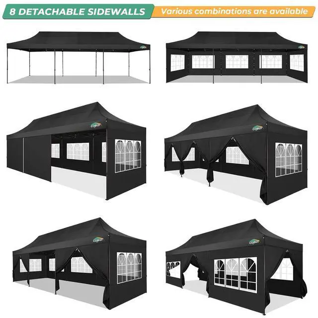 Alt view image 7 of 7 - Heavy Duty 10x30 pop up Canopy, Commercial10x30 Party Tent for Parties Waterproof Gazebos with 8 Sidewalls, All Season Wind & Waterproof UPF50+,Stable Thickened Frame, Black