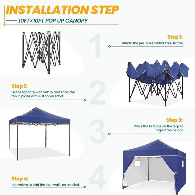 Alt view image 7 of 7 - 10x10 Heavy Duty Pop Up Canopy Tent for Event Commercial Instant Canopy with 4 Sidewalls, Portable Vendor Outdoor Tent for PartiesBackyard, Camping, Waterproof UPF50+, Dark Blue
