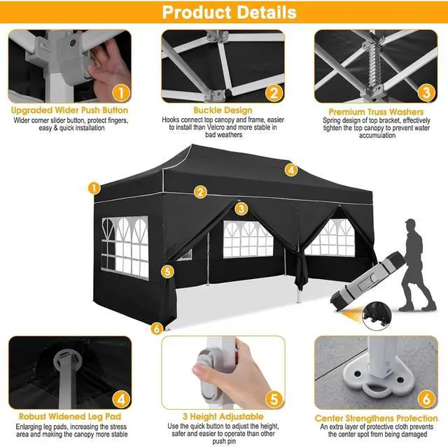 Alt view image 3 of 7 - Heavy Duty 10x20 Pop up Canopy Tent with 6 Sidewalls, Commercial Instant Canopies Tents for Parties Gazebos with Roller Bag, Wind & Waterproof UPF50+,Thickened Frame for Backyard, Black