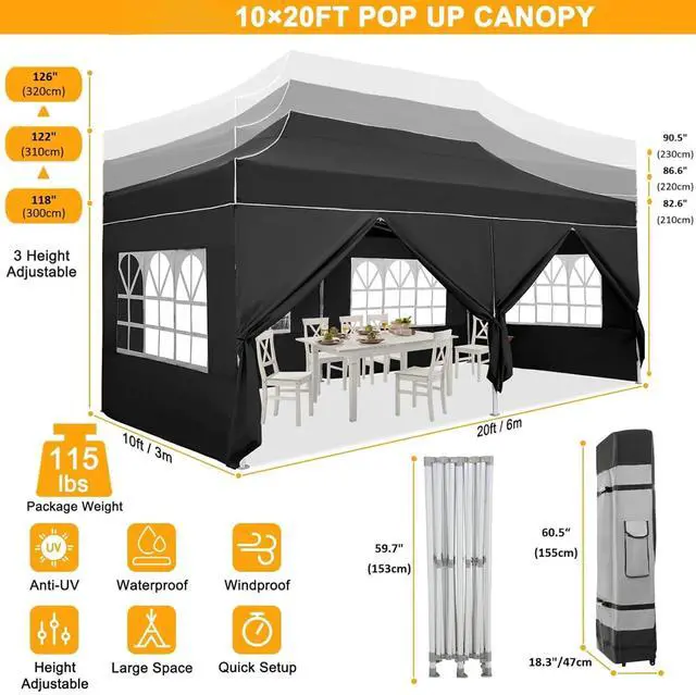 Alt view image 4 of 7 - Heavy Duty 10x20 Pop up Canopy Tent with 6 Sidewalls, Commercial Instant Canopies Tents for Parties Gazebos with Roller Bag, Wind & Waterproof UPF50+,Thickened Frame for Backyard, Black