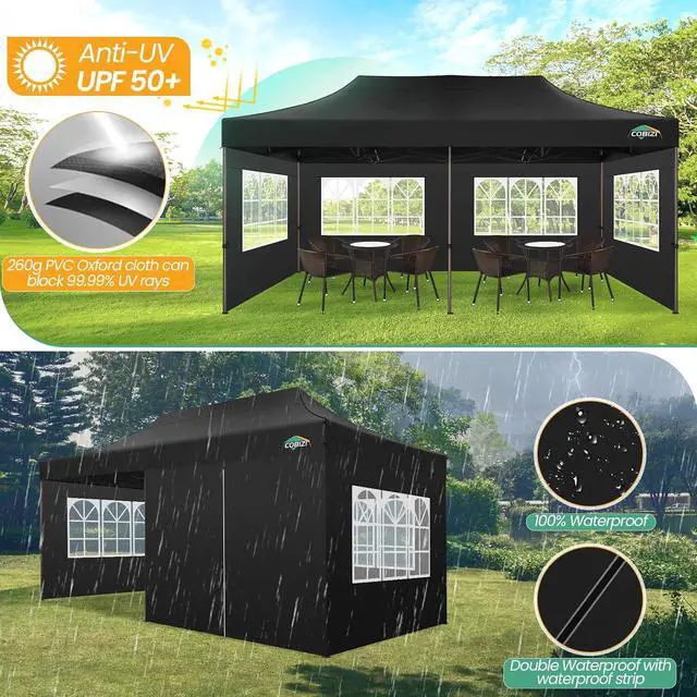 Alt view image 5 of 7 - Heavy Duty 10x20 Pop up Canopy Tent with 6 Sidewalls, Commercial Instant Canopies Tents for Parties Gazebos with Roller Bag, Wind & Waterproof UPF50+,Thickened Frame for Backyard, Black