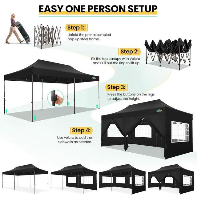 Alt view image 7 of 7 - Heavy Duty 10x20 Pop up Canopy Tent with 6 Sidewalls, Commercial Instant Canopies Tents for Parties Gazebos with Roller Bag, Wind & Waterproof UPF50+,Thickened Frame for Backyard, Black