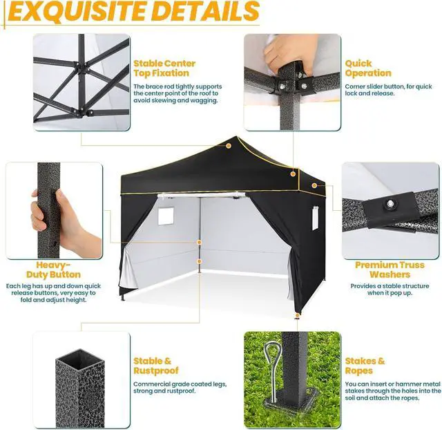 Alt view image 3 of 7 - 10x10 Heavy Duty Pop Up Canopy Tent for Event Commercial Instant Canopy with 4 Sidewalls, Outdoor Canopy UV 50+&Waterproof Portable Tent for Parties, Backyard, Black