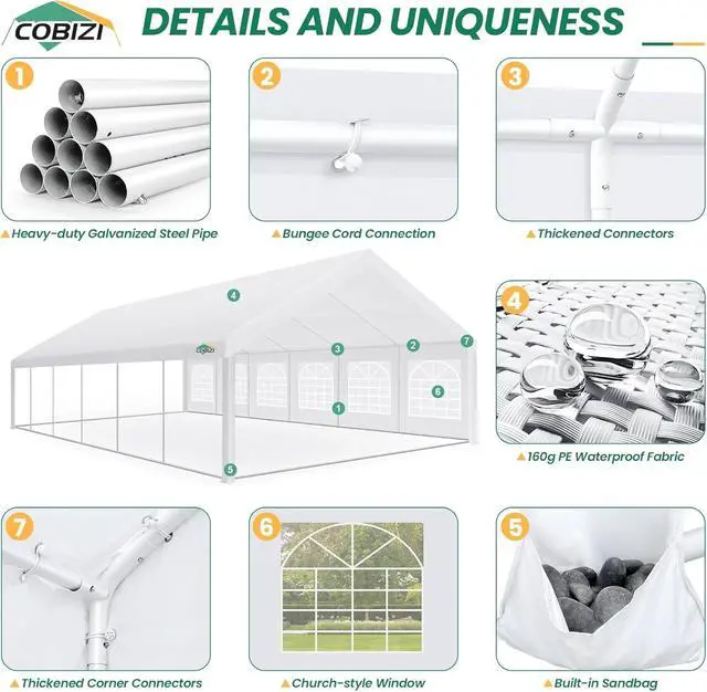 Alt view image 5 of 5 - 20x50 Heavy Duty Party Tent Waterproof, 14 Church Windows with Sidewalls, Built-in Sandbag, Large Outdoor Canopy Gazebo for Wedding & Backyard, White