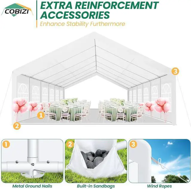 Alt view image 7 of 7 - 20x40 Outdoor Party Tent Heavy Duty Waterproof Canopy Shelter with 12 Sidewalls & 16 Church Windows, White Powder Coating, Built-in Sandbag Commercial Event Tents for Parties Wedding BBQ Patio