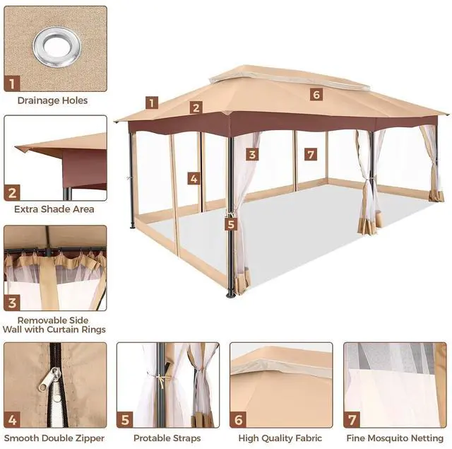 Alt view image 7 of 7 - 12x20 Large Outdoor Patio Gazebo, Double Roof Soft Top Canopy with Mosquito Netting, Heavy Duty Steel Frame Shade Shelter for Backyard, Garden, Deck, Poolside