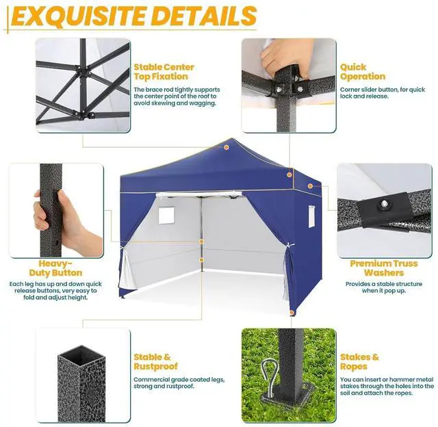 Alt view image 3 of 7 - 10x10 Heavy Duty Pop Up Canopy Tent for Event Commercial Instant Canopy with 4 Sidewalls, Portable Vendor Outdoor Tent for PartiesBackyard, Camping, Waterproof UPF50+, Dark Blue