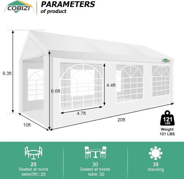 Alt view image 3 of 7 - 10x20FT Party Tent Heavy Duty for Parties Outdoor Gazebo White Event Shelter Wedding Canopy, BBQ Commercial with Removable Sidewall Windows, Powder Coating (Better Than Galvanized)