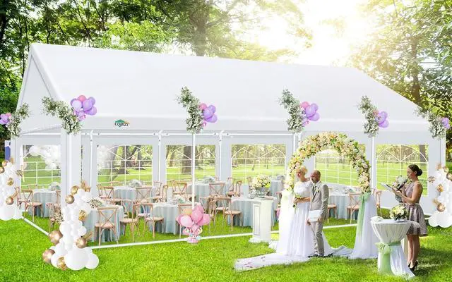 Alt view image 2 of 7 - 20x30 Outdoor Party Tent Heavy Duty Waterproof Canopy Shelter with 8 Sidewalls & 12 Church Windows, White Powder Coating, Built-in Sandbag Commercial Event Tents for Parties Wedding Patio BBQ