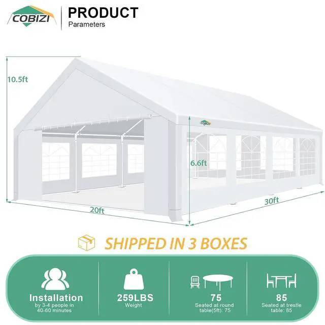 Alt view image 3 of 7 - 20x30 Outdoor Party Tent Heavy Duty Waterproof Canopy Shelter with 8 Sidewalls & 12 Church Windows, White Powder Coating, Built-in Sandbag Commercial Event Tents for Parties Wedding Patio BBQ