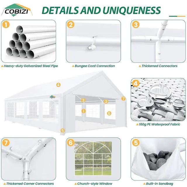 Alt view image 5 of 7 - 20x30 Outdoor Party Tent Heavy Duty Waterproof Canopy Shelter with 8 Sidewalls & 12 Church Windows, White Powder Coating, Built-in Sandbag Commercial Event Tents for Parties Wedding Patio BBQ