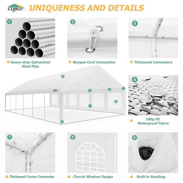 Alt view image 4 of 7 - 20x40 Heavy Duty Party Tent Waterproof, 16 Church Windows, 12 Sidewalls, Built-In Sandbag, Large Outdoor Canopy Gazebo for Wedding & Backyard, Powder Coated Frame,Cleaner Than Galvanized, White