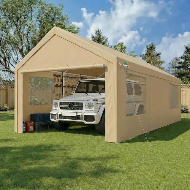 Main image of Carport 10x20 FT Heavy Duty Portable Garage, Powder Coated Frame(Better Than Galvanized), Built-in Sandbags, Removable Sidewalls & Waterproof Shelter & Windows,for Car/Boat/SUV, Khaki
