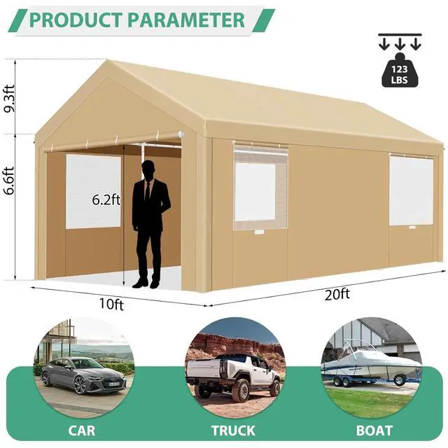 Alt view image 2 of 7 - Carport 10x20 FT Heavy Duty Portable Garage, Powder Coated Frame(Better Than Galvanized), Built-in Sandbags, Removable Sidewalls & Waterproof Shelter & Windows,for Car/Boat/SUV, Khaki