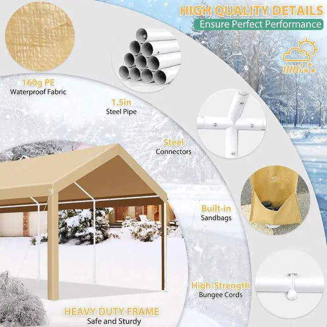 Alt view image 3 of 7 - Carport 10x20 FT Heavy Duty Portable Garage, Powder Coated Frame(Better Than Galvanized), Built-in Sandbags, Removable Sidewalls & Waterproof Shelter & Windows,for Car/Boat/SUV, Khaki